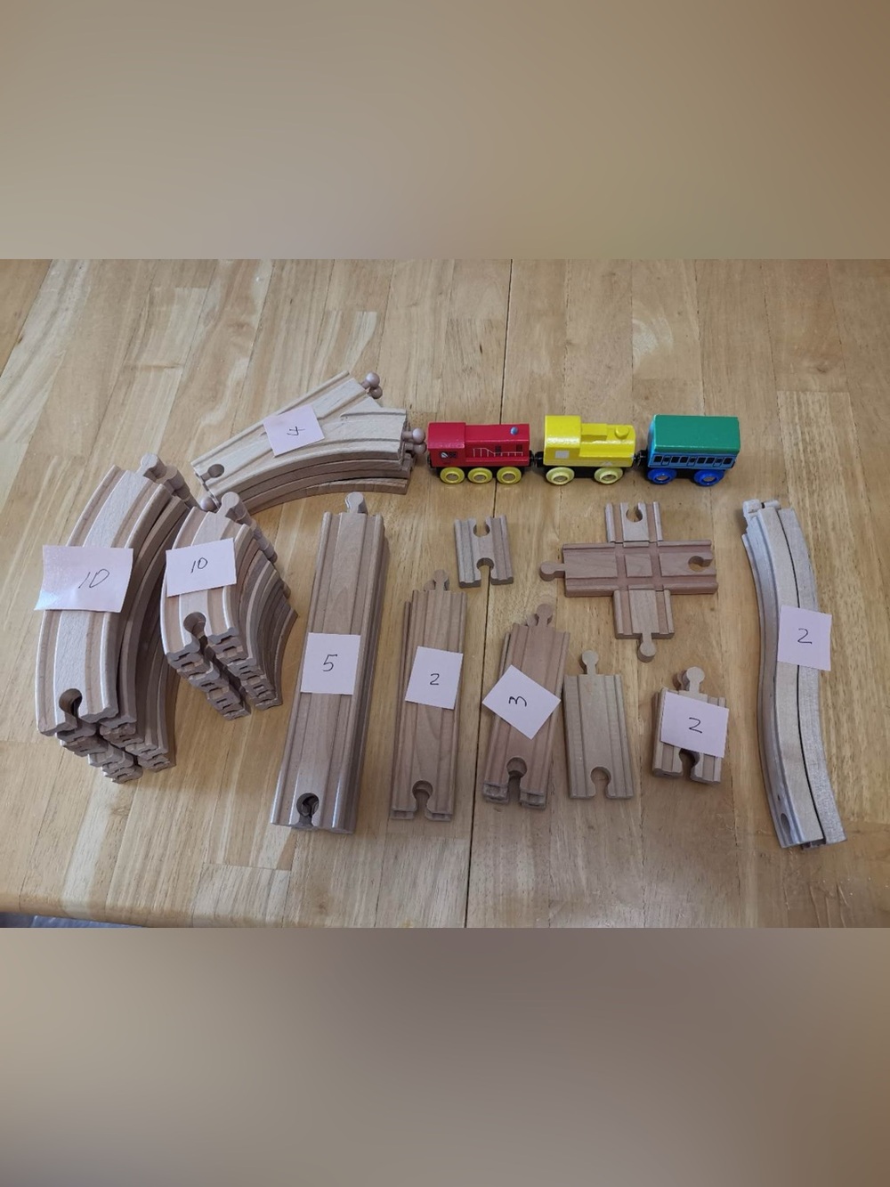 Wooden Toy Train & Track Set with Red, Yellow, Green Train Cars